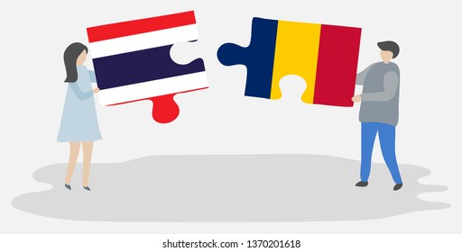 Couple holding two puzzles pieces with Thai and Chadian flags. Thailand and Chad national symbols together.