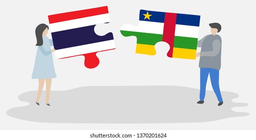 Couple holding two puzzles pieces with Thai and Central African flags. Thailand and Central African Republic national symbols together.