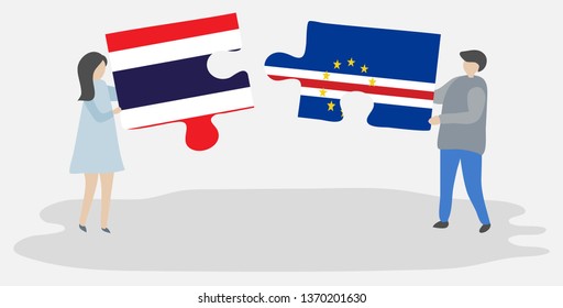 Couple holding two puzzles pieces with Thai and Cabo Verdean flags. Thailand and Cape Verde national symbols together.