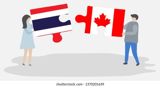 Couple holding two puzzles pieces with Thai and Canadian flags. Thailand and Canada national symbols together.