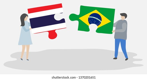Couple holding two puzzles pieces with Thai and Brazilian flags. Thailand and Brazil national symbols together.