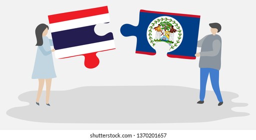 Couple holding two puzzles pieces with Thai and Belizean flags. Thailand and Belize national symbols together.