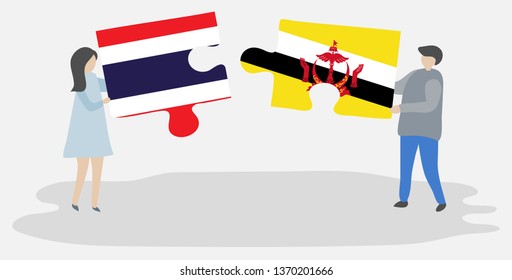 Couple holding two puzzles pieces with Thai and Bruneian flags. Thailand and Brunei national symbols together.