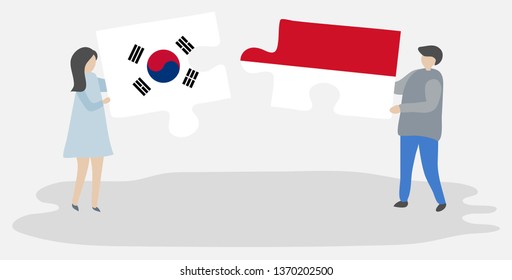 Couple holding two puzzles pieces with South Korean and Monegasque flags. South Korea and Monaco national symbols together.