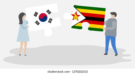 Couple holding two puzzles pieces with South Korean and Zimbabwean flags. South Korea and Zimbabwe national symbols together.