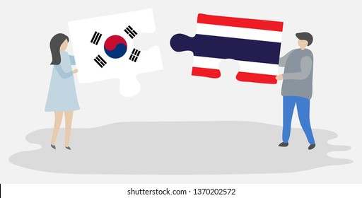 Couple holding two puzzles pieces with South Korean and Thai flags. South Korea and Thailand national symbols together.