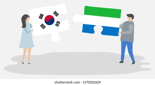 Couple holding two puzzles pieces with South Korean and Sierra Leonean flags. South Korea and Sierra Leone national symbols together.