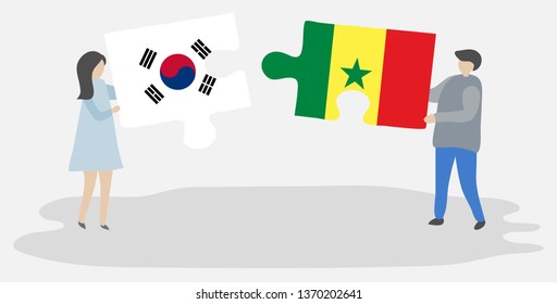 Couple holding two puzzles pieces with South Korean and Senegalese flags. South Korea and Senegal national symbols together.