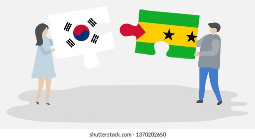 Couple holding two puzzles pieces with South Korean and Sao Tomean flags. South Korea and Sao Tome and Principe national symbols together.