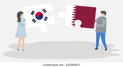 Couple holding two puzzles pieces with South Korean and Qatari flags. South Korea and Qatar national symbols together.