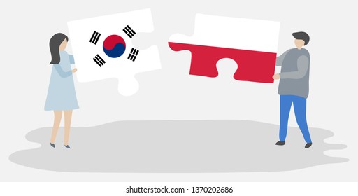 Couple holding two puzzles pieces with South Korean and Polish flags. South Korea and Poland national symbols together.