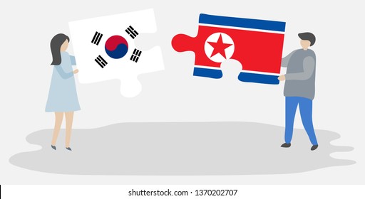 Couple holding two puzzles pieces with South Korean and North Korean flags. South Korea and North Korea national symbols together.