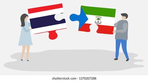 Couple holding two puzzles pieces with Thai and Equatorial Guinean flags. Thailand and Equatorial Guinea national symbols together.