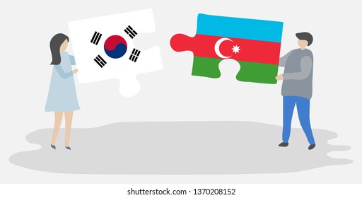 Couple holding two puzzles pieces with South Korean and Azerbaijani flags. South Korea and Azerbaijan national symbols together.