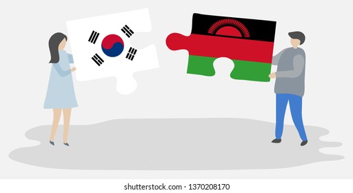 Couple holding two puzzles pieces with South Korean and Malawian flags. South Korea and Malawi national symbols together.