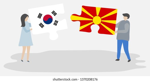 Couple holding two puzzles pieces with South Korean and Macedonian flags. South Korea and Macedonia national symbols together.