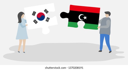 Couple holding two puzzles pieces with South Korean and Libyan flags. South Korea and Libya national symbols together.