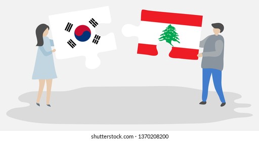 Couple holding two puzzles pieces with South Korean and Lebanese flags. South Korea and Lebanon national symbols together.