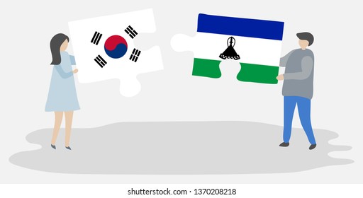 Couple holding two puzzles pieces with South Korean and Basotho flags. South Korea and Lesotho national symbols together.