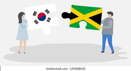 Couple holding two puzzles pieces with South Korean and Jamaican flags. South Korea and Jamaica national symbols together.