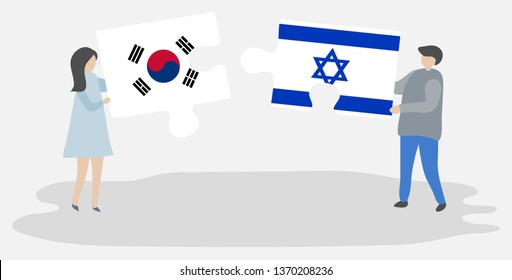 Couple holding two puzzles pieces with South Korean and Israeli flags. South Korea and Israel national symbols together.