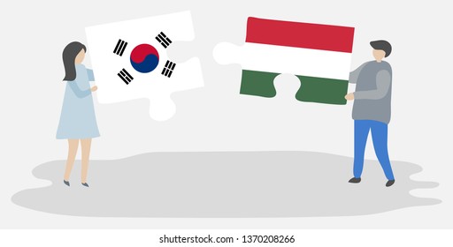 Couple holding two puzzles pieces with South Korean and Hungarian flags. South Korea and Hungary national symbols together.