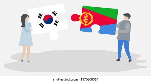 Couple holding two puzzles pieces with South Korean and Eritrean flags. South Korea and Eritrea national symbols together.