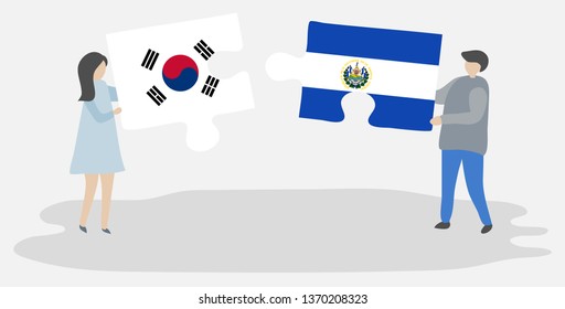 Couple holding two puzzles pieces with South Korean and Salvadoran flags. South Korea and El Salvador national symbols together.