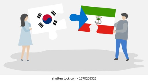 Couple holding two puzzles pieces with South Korean and Equatorial Guinean flags. South Korea and Equatorial Guinea national symbols together.