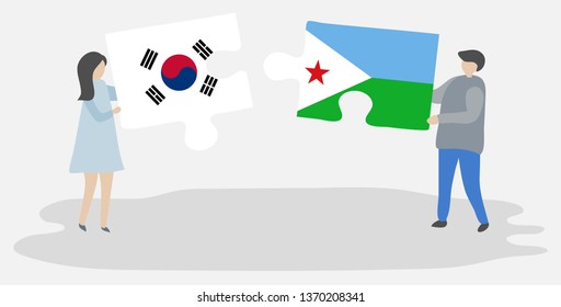 Couple holding two puzzles pieces with South Korean and Djiboutian flags. South Korea and Djibouti national symbols together.