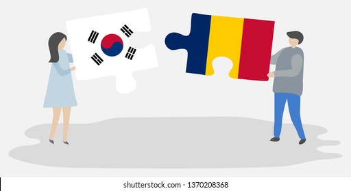 Couple holding two puzzles pieces with South Korean and Chadian flags. South Korea and Chad national symbols together.