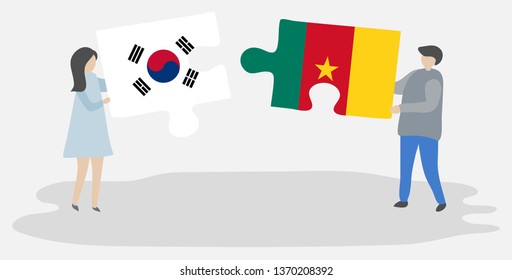 Couple holding two puzzles pieces with South Korean and Cameroonian flags. South Korea and Cameroon national symbols together.