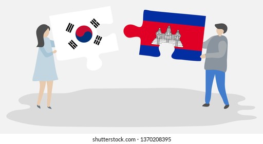 Couple holding two puzzles pieces with South Korean and Cambodian flags. South Korea and Cambodia national symbols together.