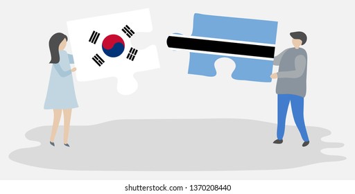 Couple holding two puzzles pieces with South Korean and Motswana flags. South Korea and Botswana national symbols together.