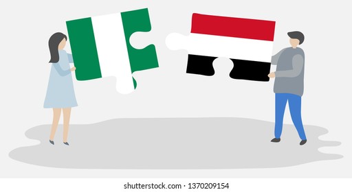 Couple holding two puzzles pieces with Nigerian and Yemeni flags. Nigeria and Yemen national symbols together.