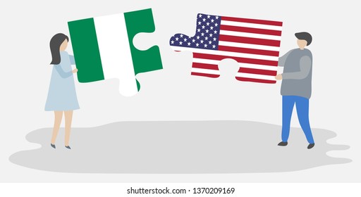 Couple holding two puzzles pieces with Nigerian and American flags. Nigeria and United States of America national symbols together.