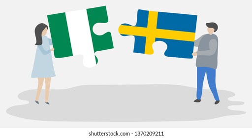 Couple holding two puzzles pieces with Nigerian and Swedish flags. Nigeria and Sweden national symbols together.
