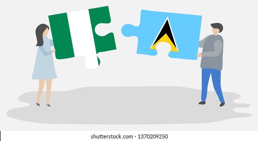 Couple holding two puzzles pieces with Nigerian and Saint Lucian flags. Nigeria and Saint Lucia national symbols together.