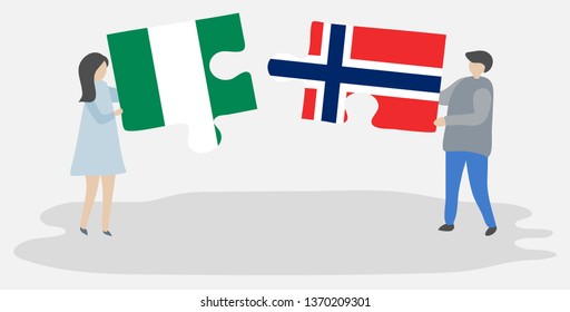 Couple holding two puzzles pieces with Nigerian and Norwegian flags. Nigeria and Norway national symbols together.