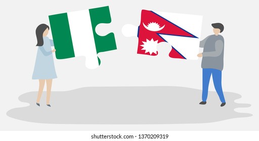 Couple holding two puzzles pieces with Nigerian and Nepalese flags. Nigeria and Nepal national symbols together.