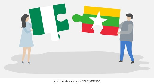 Couple holding two puzzles pieces with Nigerian and Burmese flags. Nigeria and Myanmar national symbols together.