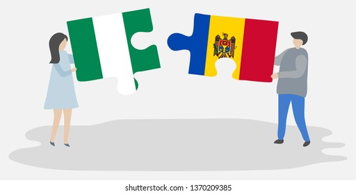 Couple holding two puzzles pieces with Nigerian and Moldovan flags. Nigeria and Moldova national symbols together.