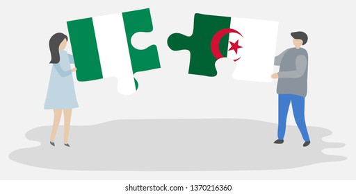 Couple holding two puzzles pieces with Nigerian and Algerian flags. Nigeria and Algeria national symbols together.
