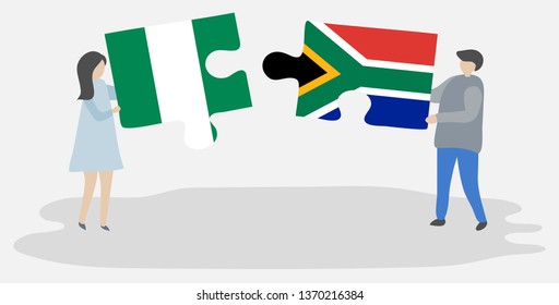 Couple holding two puzzles pieces with Nigerian and South African flags. Nigeria and South Africa national symbols together.
