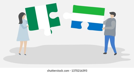 Couple holding two puzzles pieces with Nigerian and Sierra Leonean flags. Nigeria and Sierra Leone national symbols together.