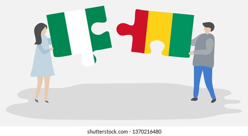 Couple holding two puzzles pieces with Nigerian and Guinean flags. Nigeria and Guinea national symbols together.