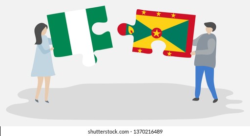 Couple holding two puzzles pieces with Nigerian and Grenadian flags. Nigeria and Grenada national symbols together.