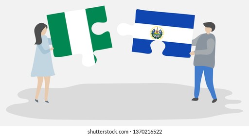 Couple holding two puzzles pieces with Nigerian and Salvadoran flags. Nigeria and El Salvador national symbols together.
