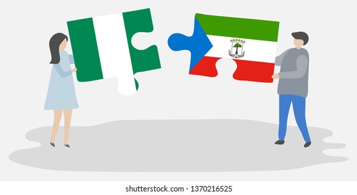 Couple holding two puzzles pieces with Nigerian and Equatorial Guinean flags. Nigeria and Equatorial Guinea national symbols together.