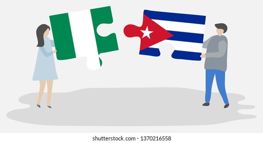 Couple holding two puzzles pieces with Nigerian and Cuban flags. Nigeria and Cuba national symbols together.